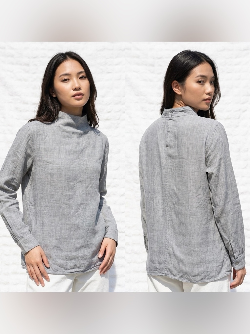 UNIQLO Women's Rayon Mock Neck Long Sleeve Back Button Gray Blouse Top Size M